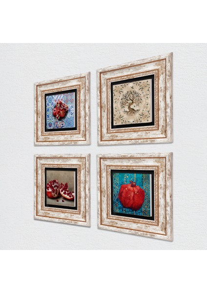 Hayat Ağacı, Nar Taş Duvar Tablosu Çerçeveli Duvar Dekoru 4 Parça Tablo Seti Wall Art T4-103