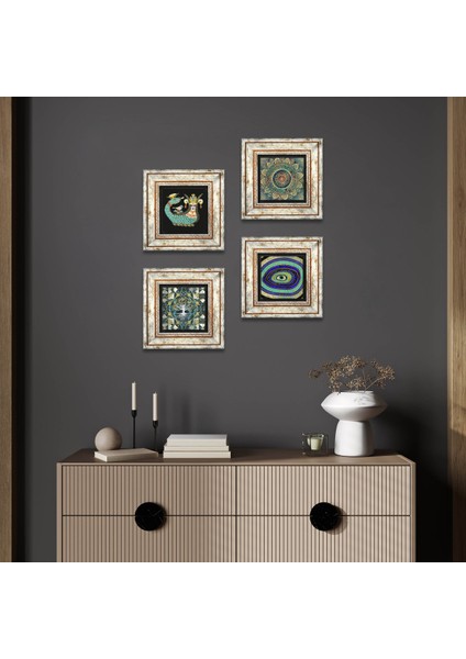 Hayat Ağacı, Mandala, Nazar, Şahmeran Çerçeveli Taş Duvar Tablosu 4’lü Set - Dekoratif Modern Sanat, Ev ve Ofis Dekoru |TK4-1030|