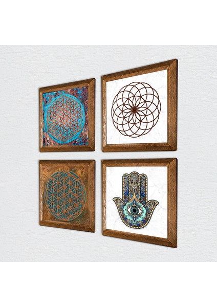Stone Yaşam Çiçeği, Fatma Ana Eli (Hamsa) Ahşap Çerçeveli Taş Duvar Tablosu 4’lü Set – 25x25 cm Dekoratif Modern Sanat – Ev ve Ofis Dekoru |W4-420| fiyatları