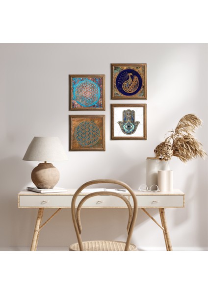Yaşam Çiçeği, Tavus Kuşu, Fatma Ana Eli (Hamsa) Taş Duvar Tablosu Ahşap Çerçeveli Duvar Dekoru 4 Parça Tablo Seti Wall Art W4-423