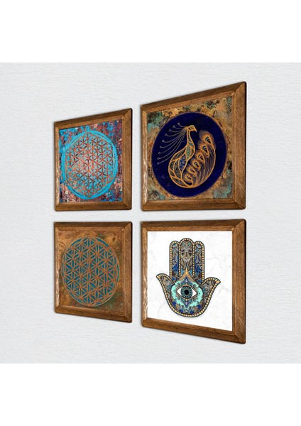 Yaşam Çiçeği, Tavus Kuşu, Fatma Ana Eli (Hamsa) Taş Duvar Tablosu Ahşap Çerçeveli Duvar Dekoru 4 Parça Tablo Seti Wall Art W4-423