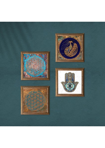 Yaşam Çiçeği, Tavus Kuşu, Fatma Ana Eli (Hamsa) Taş Duvar Tablosu Ahşap Çerçeveli Duvar Dekoru 4 Parça Tablo Seti Wall Art W4-423