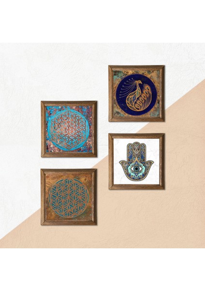 Yaşam Çiçeği, Tavus Kuşu, Fatma Ana Eli (Hamsa) Taş Duvar Tablosu Ahşap Çerçeveli Duvar Dekoru 4 Parça Tablo Seti Wall Art W4-423