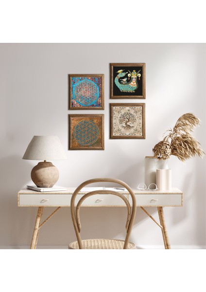 Yaşam Çiçeği, Şahmeran, Hayat Ağacı Ahşap Çerçeveli Taş Duvar Tablosu 4’lü Set – 25x25 cm Dekoratif Modern Sanat – Ev ve Ofis Dekoru |W4-444|