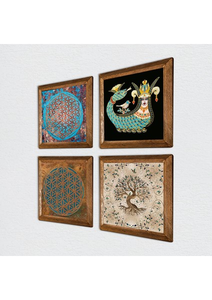 Yaşam Çiçeği, Şahmeran, Hayat Ağacı Ahşap Çerçeveli Taş Duvar Tablosu 4’lü Set – 25x25 cm Dekoratif Modern Sanat – Ev ve Ofis Dekoru |W4-444| fiyatları