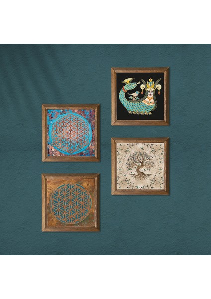 Yaşam Çiçeği, Şahmeran, Hayat Ağacı Ahşap Çerçeveli Taş Duvar Tablosu 4’lü Set – 25x25 cm Dekoratif Modern Sanat – Ev ve Ofis Dekoru |W4-444| modelleri
