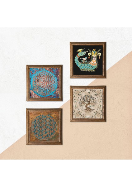 Yaşam Çiçeği, Şahmeran, Hayat Ağacı Ahşap Çerçeveli Taş Duvar Tablosu 4’lü Set – 25x25 cm Dekoratif Modern Sanat – Ev ve Ofis Dekoru |W4-444| indirimleri