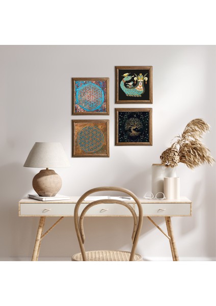 Yaşam Çiçeği, Hayat Ağacı, Şahmeran Taş Duvar Tablosu Ahşap Çerçeveli Duvar Dekoru 4 Parça Tablo Seti Wall Art W4-457