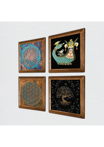 Yaşam Çiçeği, Hayat Ağacı, Şahmeran Taş Duvar Tablosu Ahşap Çerçeveli Duvar Dekoru 4 Parça Tablo Seti Wall Art W4-457