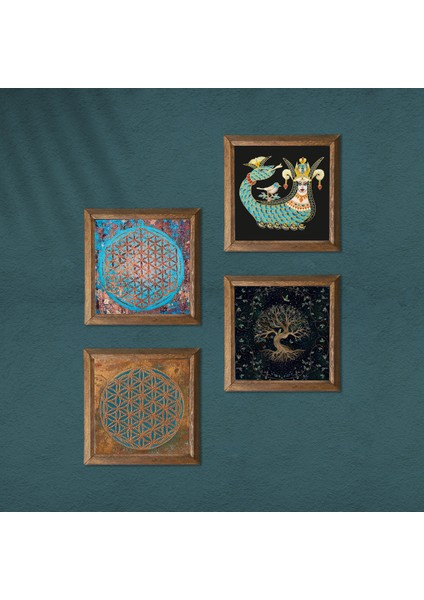 Yaşam Çiçeği, Hayat Ağacı, Şahmeran Taş Duvar Tablosu Ahşap Çerçeveli Duvar Dekoru 4 Parça Tablo Seti Wall Art W4-457