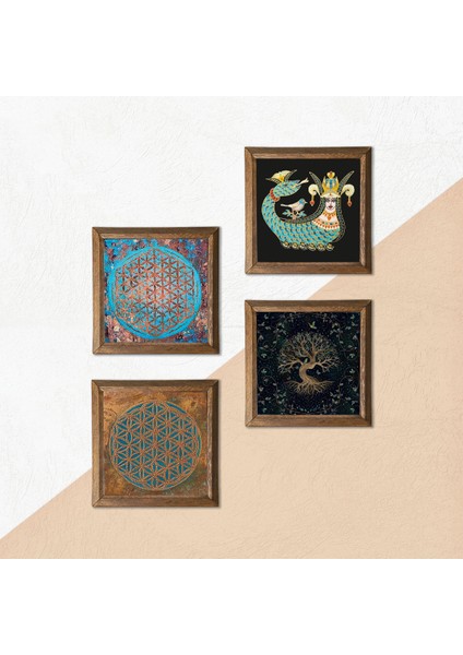 Yaşam Çiçeği, Hayat Ağacı, Şahmeran Taş Duvar Tablosu Ahşap Çerçeveli Duvar Dekoru 4 Parça Tablo Seti Wall Art W4-457