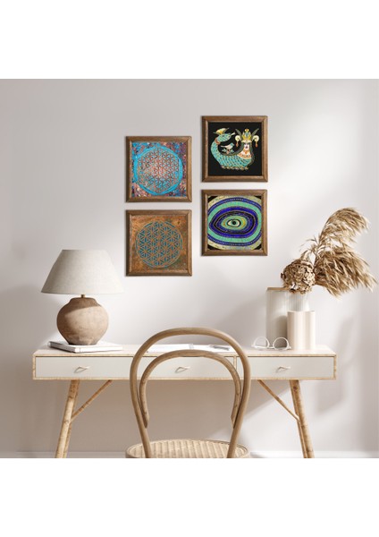 Nazar, Yaşam Çiçeği, Şahmeran Ahşap Çerçeveli Taş Duvar Tablosu 4’lü Set – 25x25 cm Dekoratif Modern Sanat – Ev ve Ofis Dekoru |W4-482|