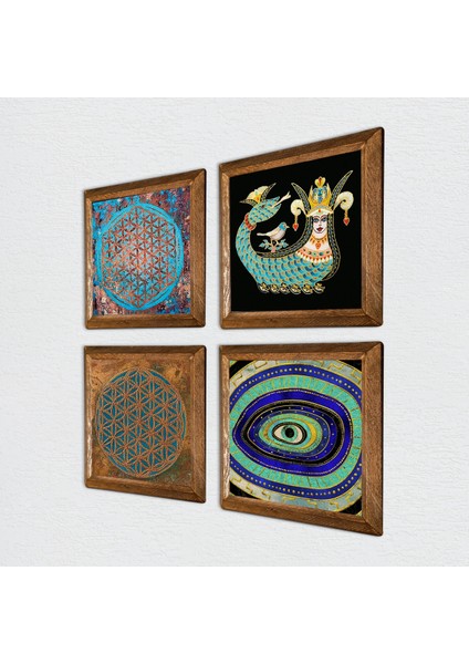 Nazar, Yaşam Çiçeği, Şahmeran Ahşap Çerçeveli Taş Duvar Tablosu 4’lü Set – 25x25 cm Dekoratif Modern Sanat – Ev ve Ofis Dekoru |W4-482| fiyatları