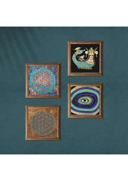 Nazar, Yaşam Çiçeği, Şahmeran Ahşap Çerçeveli Taş Duvar Tablosu 4’lü Set – 25x25 cm Dekoratif Modern Sanat – Ev ve Ofis Dekoru |W4-482| modelleri