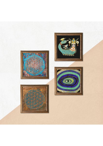 Nazar, Yaşam Çiçeği, Şahmeran Ahşap Çerçeveli Taş Duvar Tablosu 4’lü Set – 25x25 cm Dekoratif Modern Sanat – Ev ve Ofis Dekoru |W4-482| indirimleri