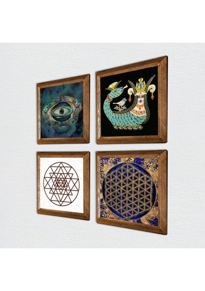 Stone Nazar, Sri Yantra, Yaşam Çiçeği, Şahmeran Ahşap Çerçeveli Taş Duvar Tablosu 4’lü Set – 25x25 cm Dekoratif Modern Sanat – Ev ve Ofis Dekoru |W4-793| fiyatları