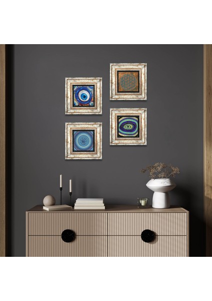 Stone Yaşam Çiçeği, Nazar Çerçeveli Taş Duvar Tablosu 4’lü Set - Dekoratif Modern Sanat, Ev ve Ofis Dekoru |TK4-1256|