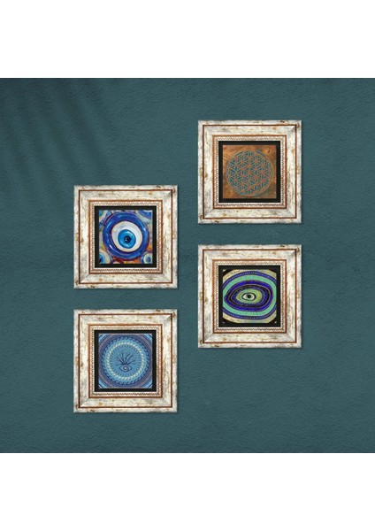 Stone Yaşam Çiçeği, Nazar Çerçeveli Taş Duvar Tablosu 4’lü Set - Dekoratif Modern Sanat, Ev ve Ofis Dekoru |TK4-1256| fırsatları