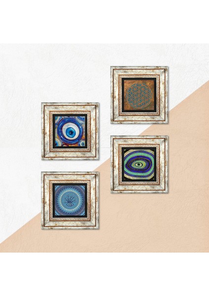 Stone Yaşam Çiçeği, Nazar Çerçeveli Taş Duvar Tablosu 4’lü Set - Dekoratif Modern Sanat, Ev ve Ofis Dekoru |TK4-1256| indirimleri