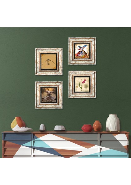 Hiç, Lale, Semazen Taş Duvar Tablosu Çerçeveli Duvar Dekoru 4 Parça Tablo Seti Wall Art T4-1400