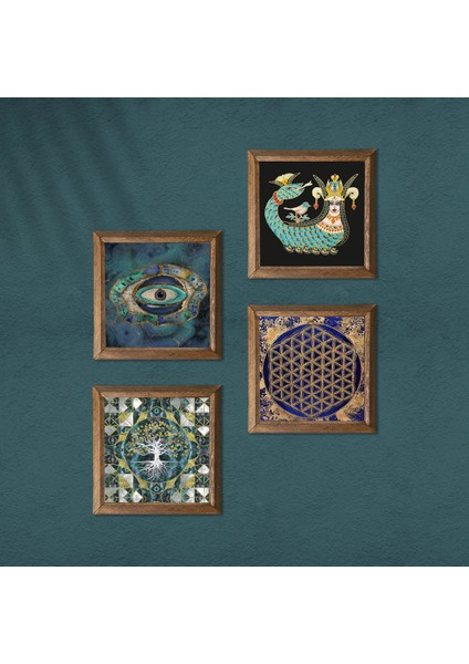 Hayat Ağacı, Nazar, Yaşam Çiçeği, Şahmeran Ahşap Çerçeveli Taş Duvar Tablosu 4’lü Set – 25x25 cm Dekoratif Modern Sanat – Ev ve Ofis Dekoru |W4-782| modelleri