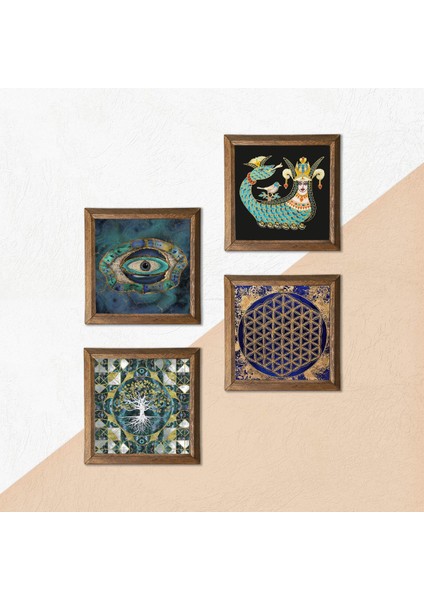 Hayat Ağacı, Nazar, Yaşam Çiçeği, Şahmeran Ahşap Çerçeveli Taş Duvar Tablosu 4’lü Set – 25x25 cm Dekoratif Modern Sanat – Ev ve Ofis Dekoru |W4-782| indirimleri