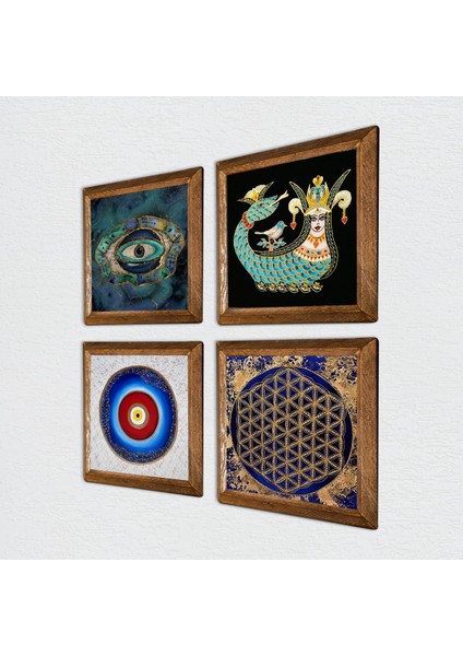 Nazar, Yaşam Çiçeği, Şahmeran Ahşap Çerçeveli Taş Duvar Tablosu 4’lü Set – 25x25 cm Dekoratif Modern Sanat – Ev ve Ofis Dekoru |W4-784| fiyatları