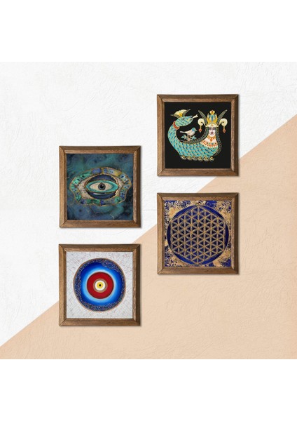 Nazar, Yaşam Çiçeği, Şahmeran Ahşap Çerçeveli Taş Duvar Tablosu 4’lü Set – 25x25 cm Dekoratif Modern Sanat – Ev ve Ofis Dekoru |W4-784| indirimleri