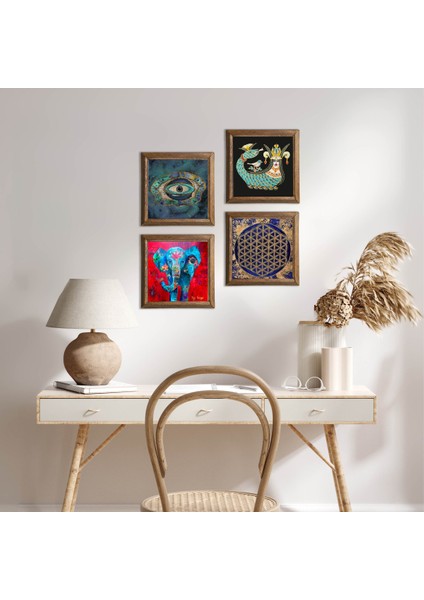Stone Fil, Nazar, Yaşam Çiçeği, Şahmeran Ahşap Çerçeveli Taş Duvar Tablosu 4’lü Set – 25x25 cm Dekoratif Modern Sanat – Ev ve Ofis Dekoru |W4-788|