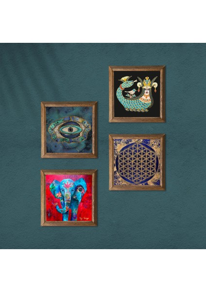 Stone Fil, Nazar, Yaşam Çiçeği, Şahmeran Ahşap Çerçeveli Taş Duvar Tablosu 4’lü Set – 25x25 cm Dekoratif Modern Sanat – Ev ve Ofis Dekoru |W4-788| modelleri
