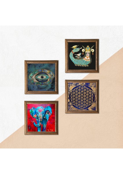 Stone Fil, Nazar, Yaşam Çiçeği, Şahmeran Ahşap Çerçeveli Taş Duvar Tablosu 4’lü Set – 25x25 cm Dekoratif Modern Sanat – Ev ve Ofis Dekoru |W4-788| indirimleri