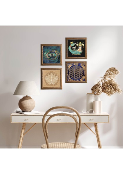 Nazar, Lotus Çiçeği, Yaşam Çiçeği, Şahmeran Ahşap Çerçeveli Taş Duvar Tablosu 4’lü Set – 25x25 cm Dekoratif Modern Sanat – Ev ve Ofis Dekoru |W4-792|
