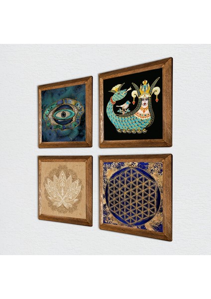 Nazar, Lotus Çiçeği, Yaşam Çiçeği, Şahmeran Ahşap Çerçeveli Taş Duvar Tablosu 4’lü Set – 25x25 cm Dekoratif Modern Sanat – Ev ve Ofis Dekoru |W4-792| fiyatları