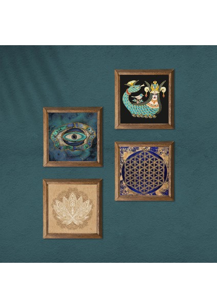 Nazar, Lotus Çiçeği, Yaşam Çiçeği, Şahmeran Ahşap Çerçeveli Taş Duvar Tablosu 4’lü Set – 25x25 cm Dekoratif Modern Sanat – Ev ve Ofis Dekoru |W4-792| modelleri