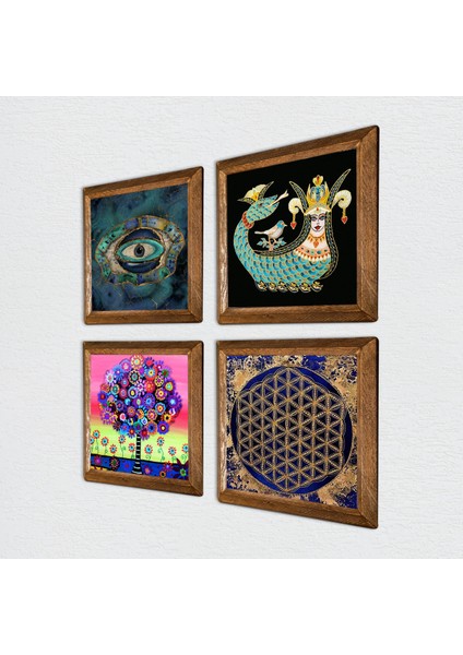 Nazar, Yaşam Çiçeği, Hayat Ağacı, Şahmeran Ahşap Çerçeveli Taş Duvar Tablosu 4’lü Set – 25x25 cm Dekoratif Modern Sanat – Ev ve Ofis Dekoru |W4-796| fiyatları