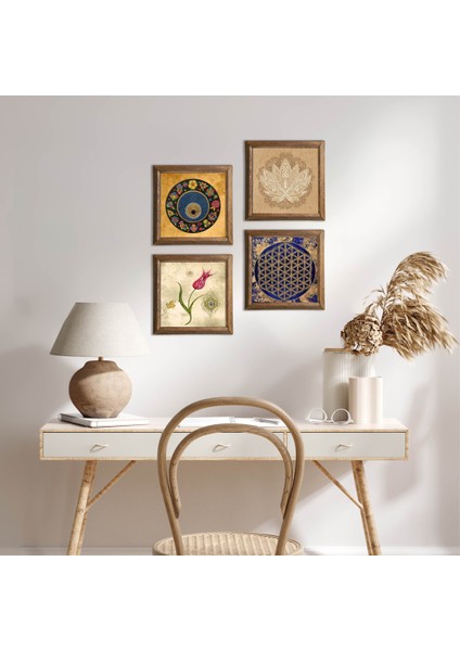 Lotus Çiçeği, Yaşam Çiçeği, Lale, Nazar Taş Duvar Tablosu Ahşap Çerçeveli Duvar Dekoru 4 Parça Tablo Seti Wall Art W4-803