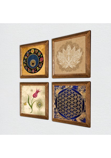 Lotus Çiçeği, Yaşam Çiçeği, Lale, Nazar Taş Duvar Tablosu Ahşap Çerçeveli Duvar Dekoru 4 Parça Tablo Seti Wall Art W4-803