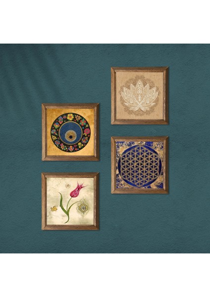 Lotus Çiçeği, Yaşam Çiçeği, Lale, Nazar Taş Duvar Tablosu Ahşap Çerçeveli Duvar Dekoru 4 Parça Tablo Seti Wall Art W4-803