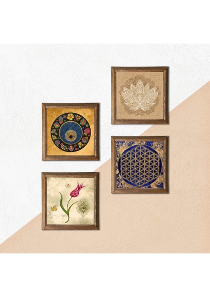 Lotus Çiçeği, Yaşam Çiçeği, Lale, Nazar Taş Duvar Tablosu Ahşap Çerçeveli Duvar Dekoru 4 Parça Tablo Seti Wall Art W4-803