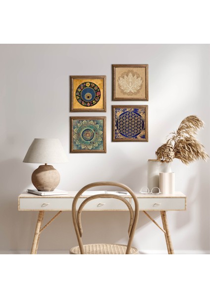Mandala, Lotus Çiçeği, Yaşam Çiçeği, Nazar Taş Duvar Tablosu Ahşap Çerçeveli Duvar Dekoru 4 Parça Tablo Seti Wall Art W4-812
