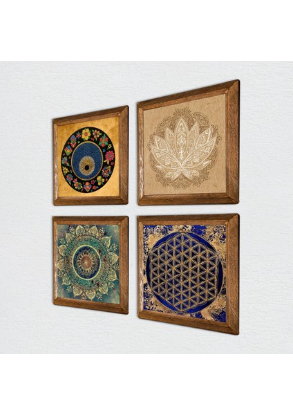 Mandala, Lotus Çiçeği, Yaşam Çiçeği, Nazar Taş Duvar Tablosu Ahşap Çerçeveli Duvar Dekoru 4 Parça Tablo Seti Wall Art W4-812