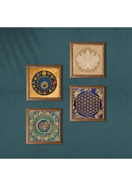 Mandala, Lotus Çiçeği, Yaşam Çiçeği, Nazar Taş Duvar Tablosu Ahşap Çerçeveli Duvar Dekoru 4 Parça Tablo Seti Wall Art W4-812
