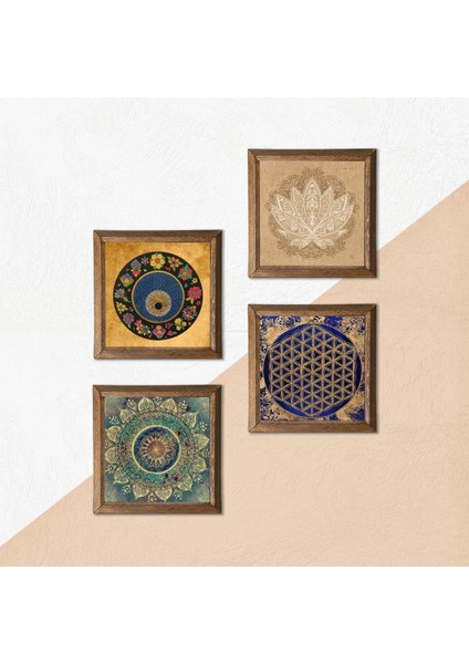 Mandala, Lotus Çiçeği, Yaşam Çiçeği, Nazar Taş Duvar Tablosu Ahşap Çerçeveli Duvar Dekoru 4 Parça Tablo Seti Wall Art W4-812