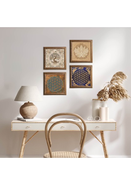 Lotus Çiçeği, Yaşam Çiçeği, Hayat Ağacı Taş Duvar Tablosu Ahşap Çerçeveli Duvar Dekoru 4 Parça Tablo Seti Wall Art W4-819
