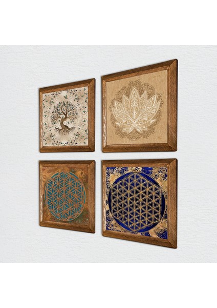 Lotus Çiçeği, Yaşam Çiçeği, Hayat Ağacı Taş Duvar Tablosu Ahşap Çerçeveli Duvar Dekoru 4 Parça Tablo Seti Wall Art W4-819 fiyatları