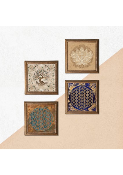 Lotus Çiçeği, Yaşam Çiçeği, Hayat Ağacı Taş Duvar Tablosu Ahşap Çerçeveli Duvar Dekoru 4 Parça Tablo Seti Wall Art W4-819 indirimleri