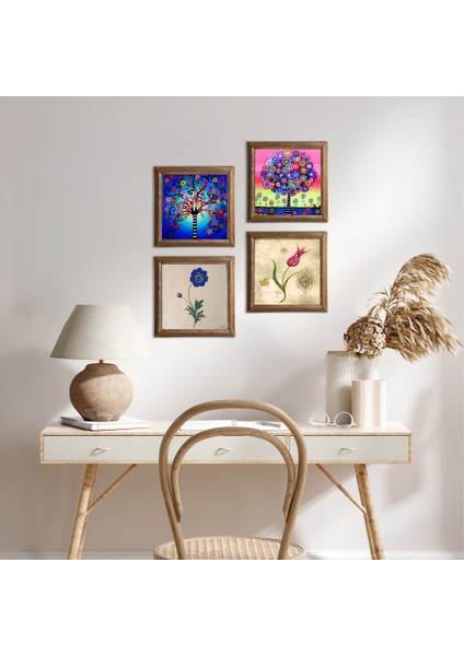 Ebru Sanatı, Lale, Hayat Ağacı Taş Duvar Tablosu Ahşap Çerçeveli Duvar Dekoru 4 Parça Tablo Seti Wall Art W4-843