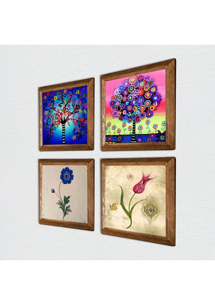 Ebru Sanatı, Lale, Hayat Ağacı Taş Duvar Tablosu Ahşap Çerçeveli Duvar Dekoru 4 Parça Tablo Seti Wall Art W4-843