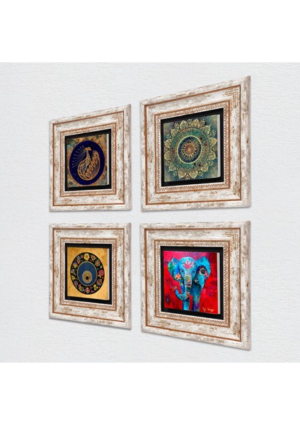 Mandala, Fil, Tavus Kuşu, Nazar Taş Duvar Tablosu Çerçeveli Duvar Dekoru 4 Parça Tablo Seti Wall Art T4-340 fiyatları