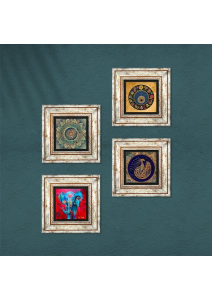 Mandala, Fil, Tavus Kuşu, Nazar Taş Duvar Tablosu Çerçeveli Duvar Dekoru 4 Parça Tablo Seti Wall Art T4-340 fırsatları